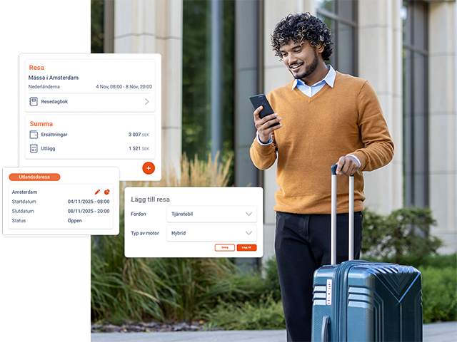Man med resväska och mobiltelefon