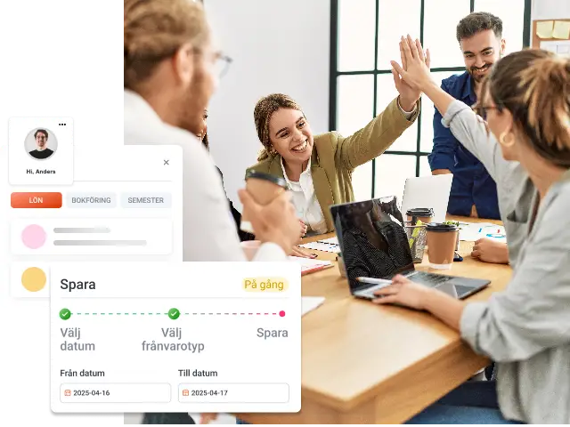 People at a desk doing a high-five